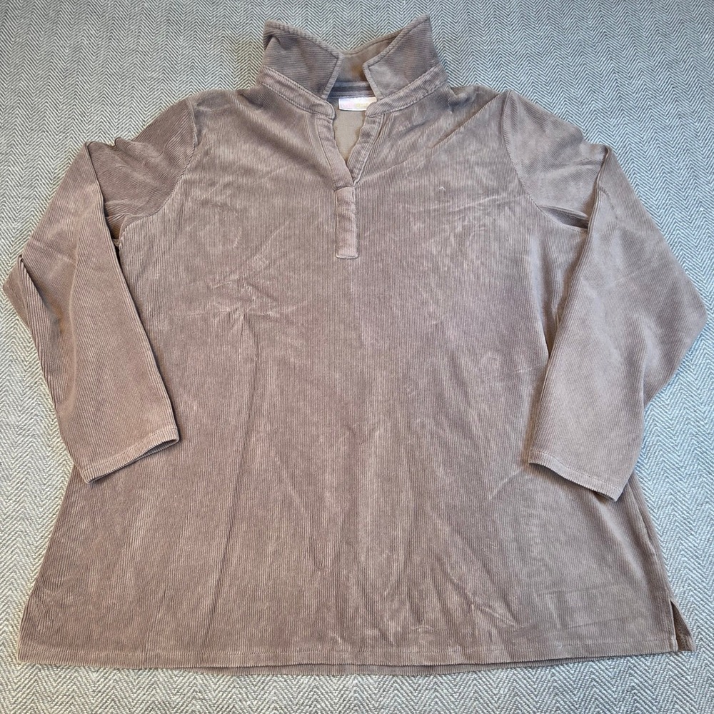 Belle by Kim Gravel Taupe Brown Corduroy Knit Split Neck Tunic Top XL A518250